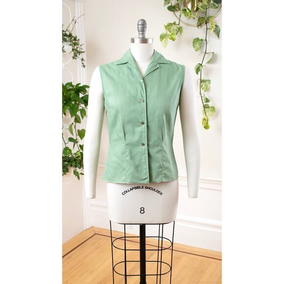 Vintage 1950s Blouse 50s Sage Green Cotton Sleeveless Button Up Top - Picture 2 of 6